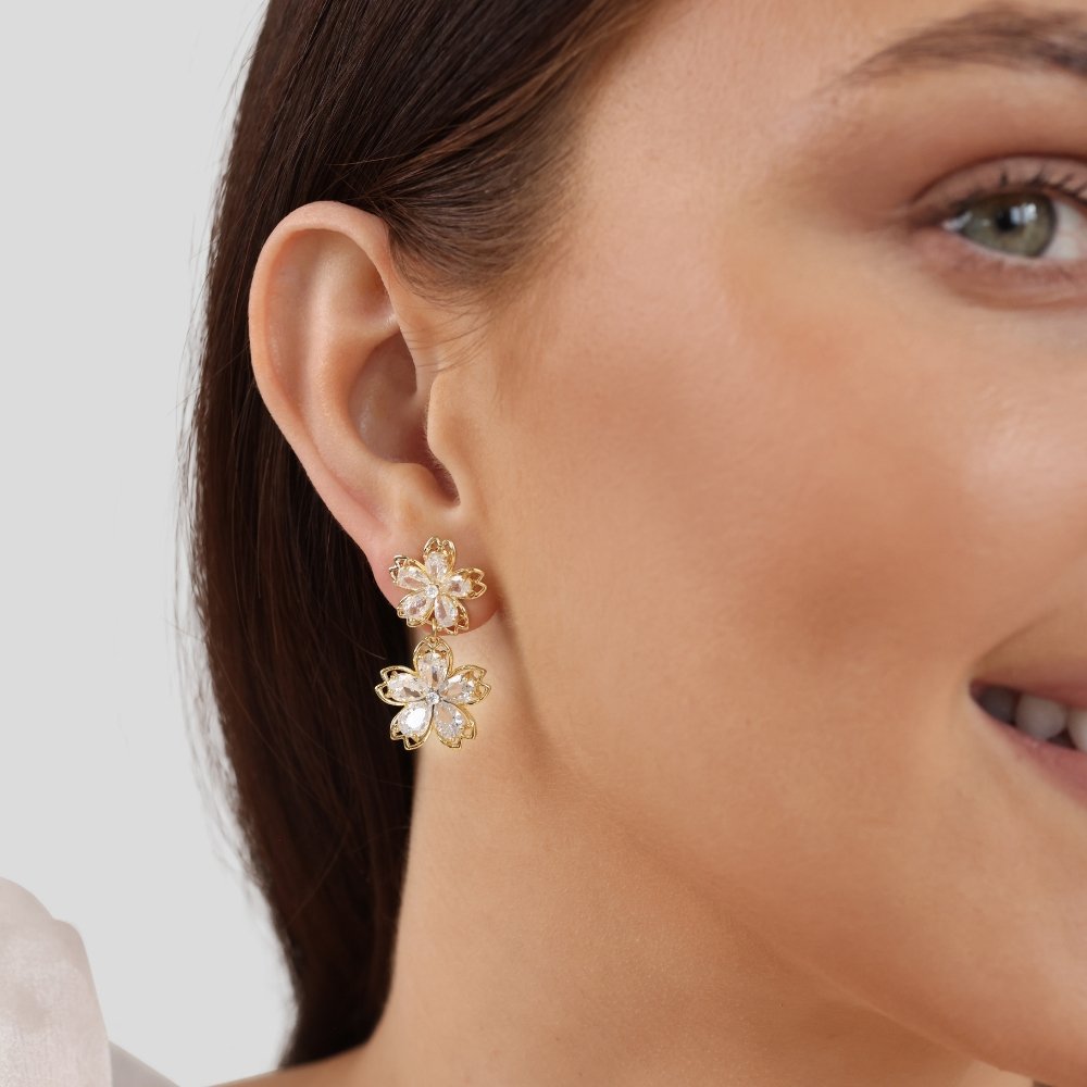 14K Gold Crystal Flower Drop Earrings - Beautiful Earth Boutique