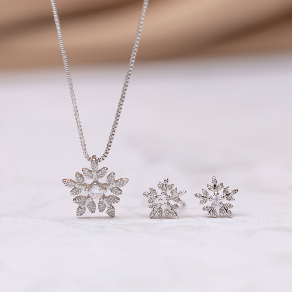 Sterling Silver Snowflake Earrings & Necklace Set