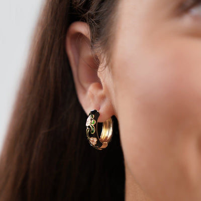 Black Gold Hoop Flower Earrings - Beautiful Earth Boutique