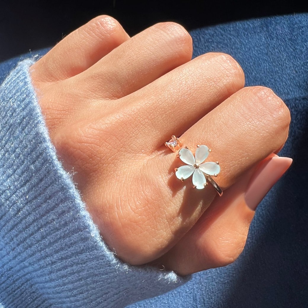 Blue Crystal Dahlia Flower Ring - Beautiful Earth Boutique