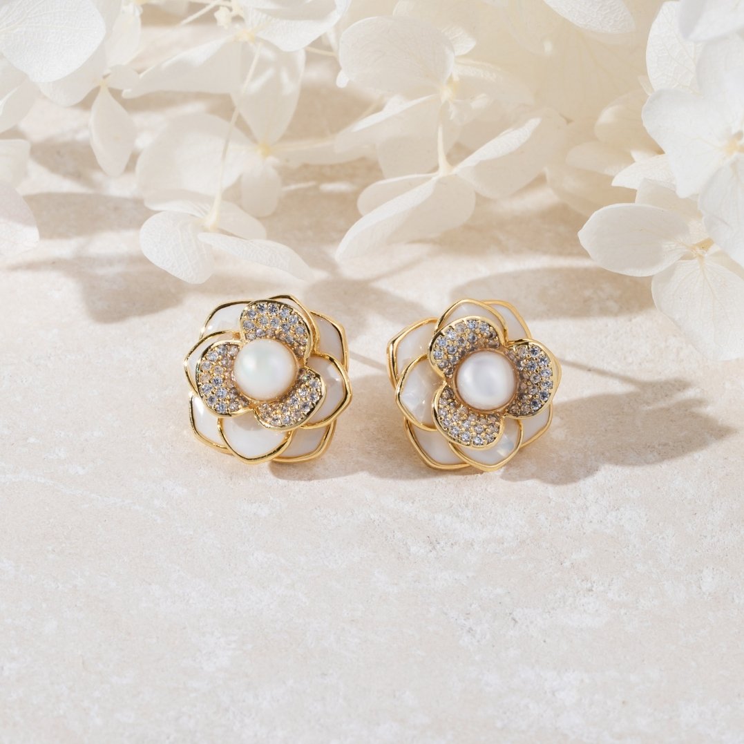 Camelia Flower Pearl Earrings - Beautiful Earth Boutique