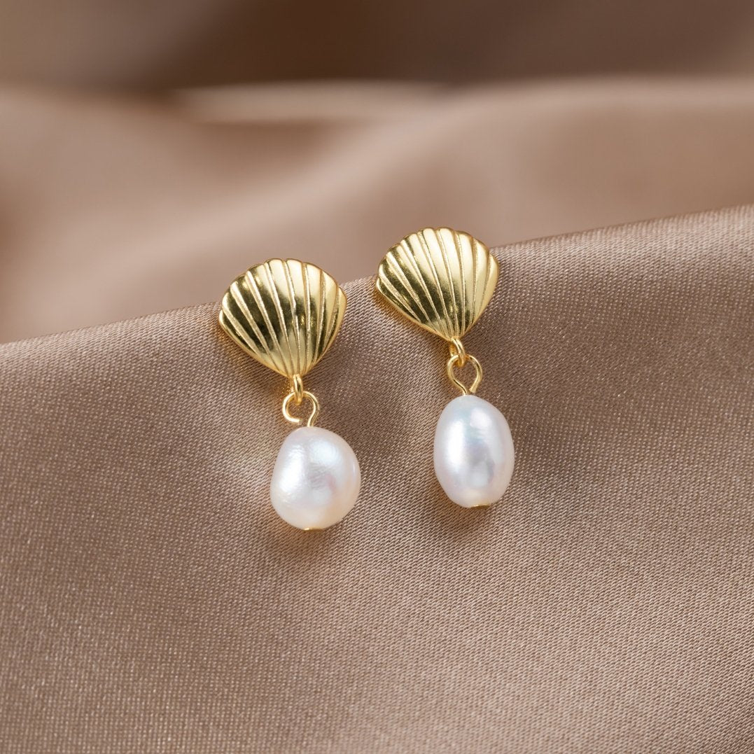 Freshwater Pearl & Gold Shell Earrings - Beautiful Earth Boutique