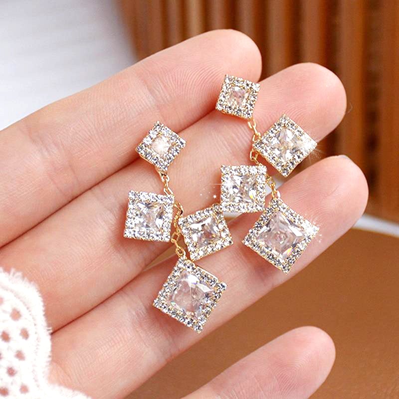 Gold Crystal Square Earrings