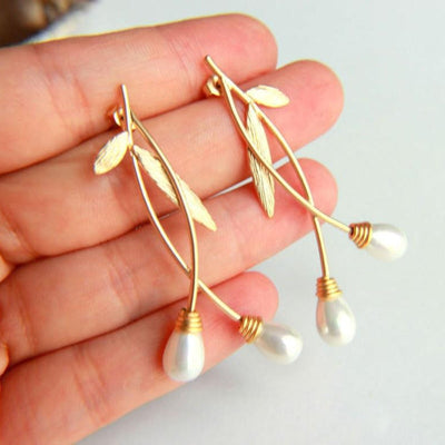 Gold Leaf Pearl Earrings