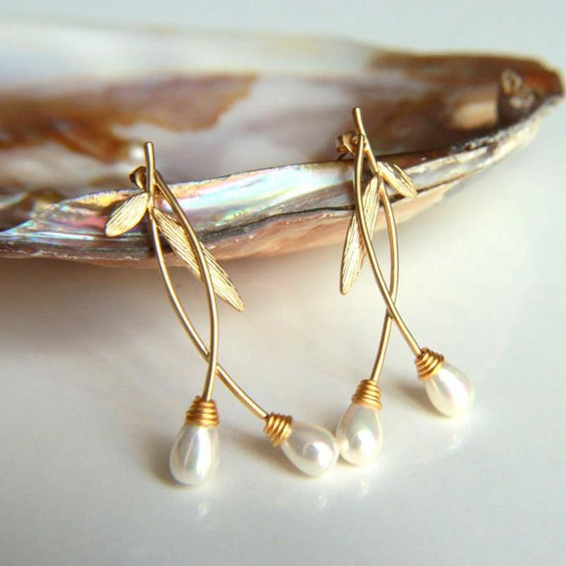 Gold Leaf Pearl Earrings