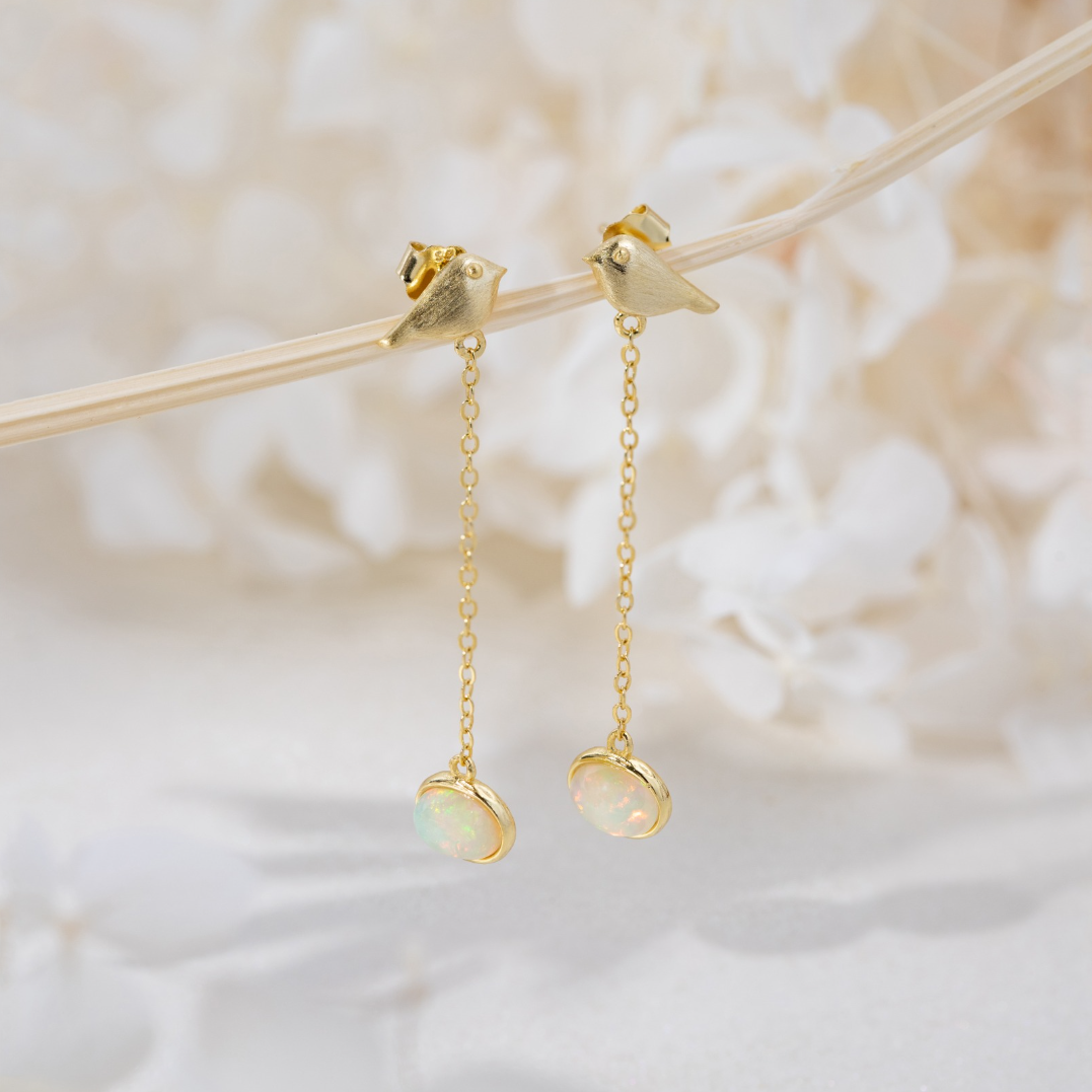 Golden Bird & Opal Drop Earrings