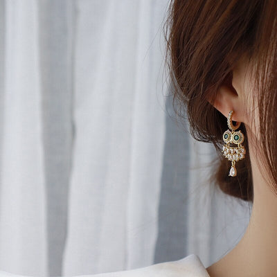 Green Crystal Owl Earrings