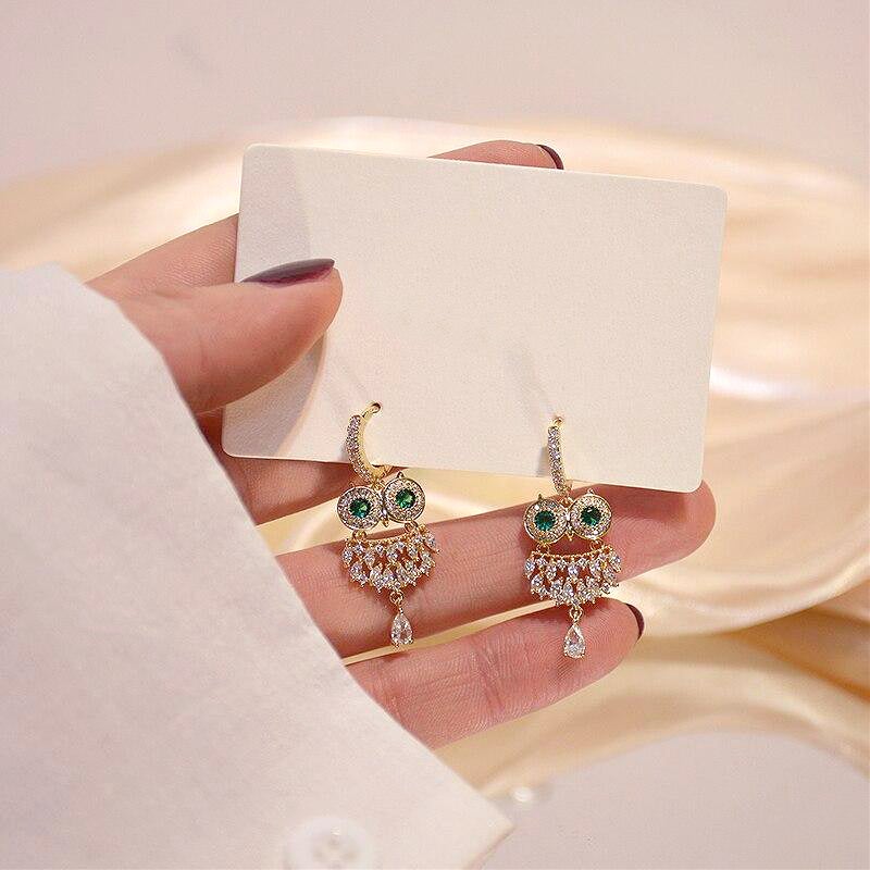 Green Crystal Owl Earrings