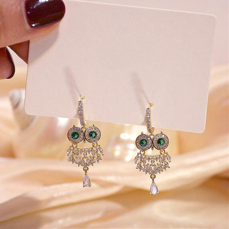 Green Crystal Owl Earrings