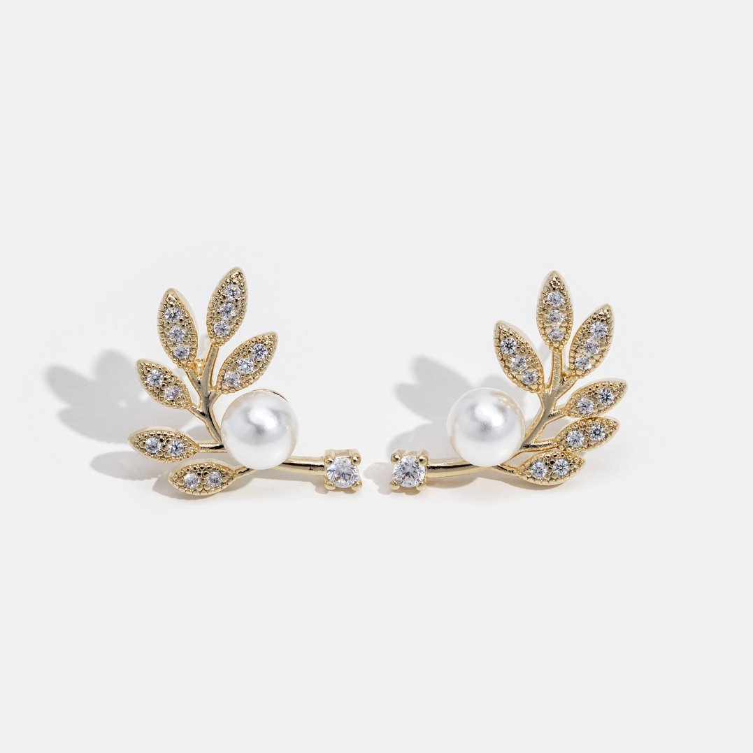 Pearl & Crystal Leaf Vine Earrings - Beautiful Earth Boutique