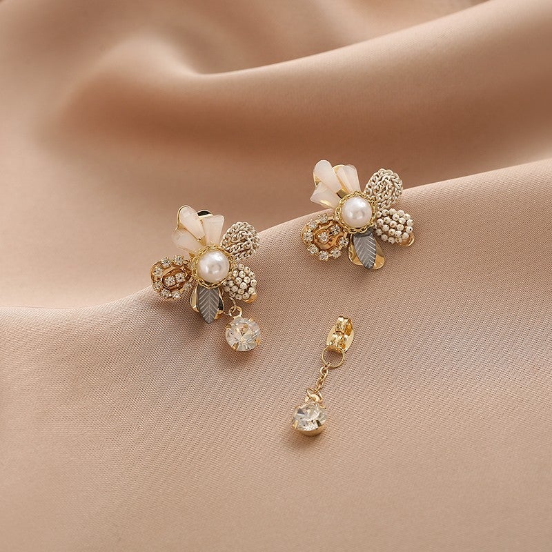 Pearl Flower & Crystal Tassel Earrings