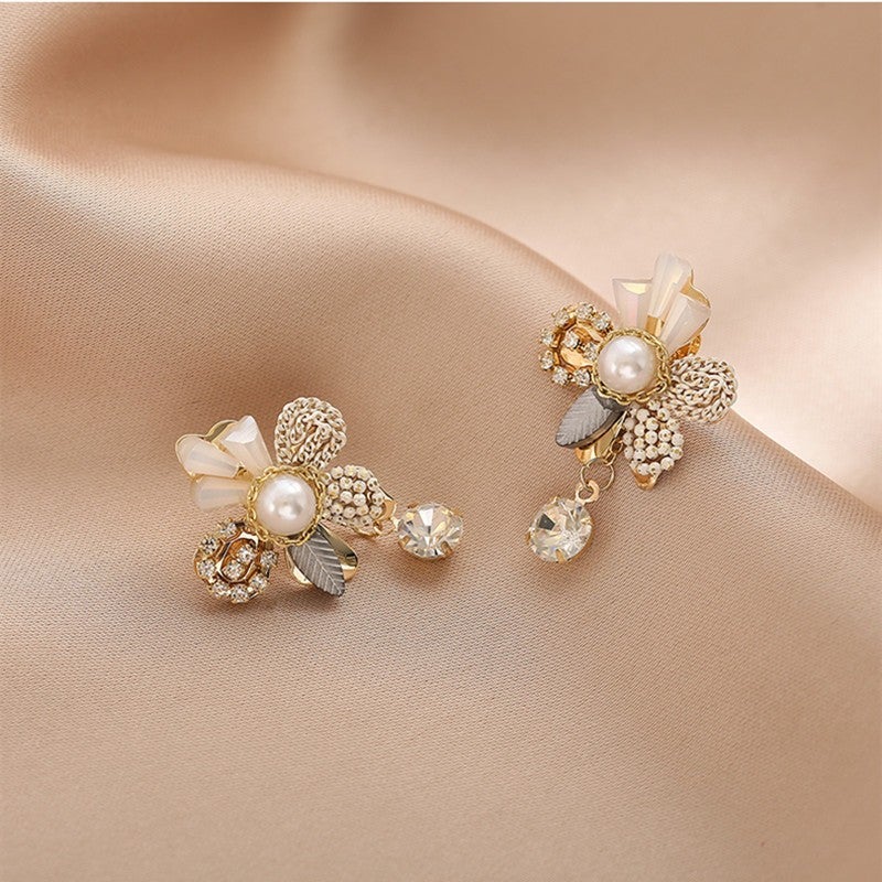 Pearl Flower & Crystal Tassel Earrings