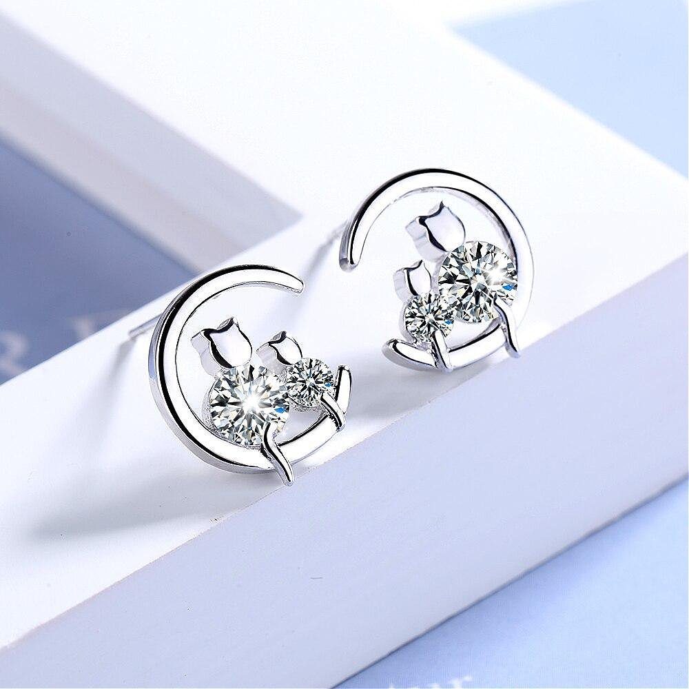 Silver Cat & Moon Earrings