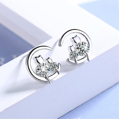 Silver Cat & Moon Earrings