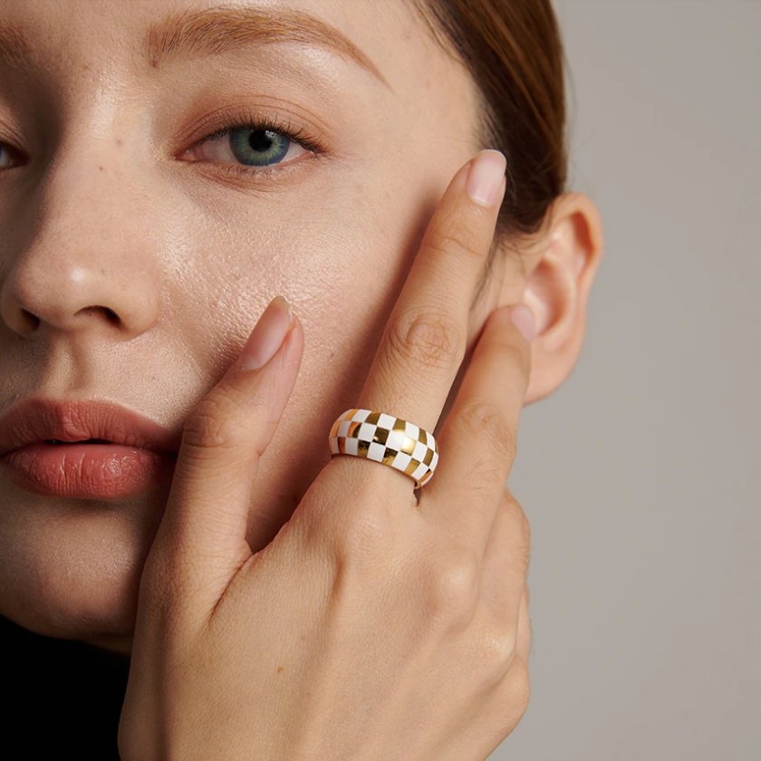 White & Gold Checkered Ring - Beautiful Earth Boutique