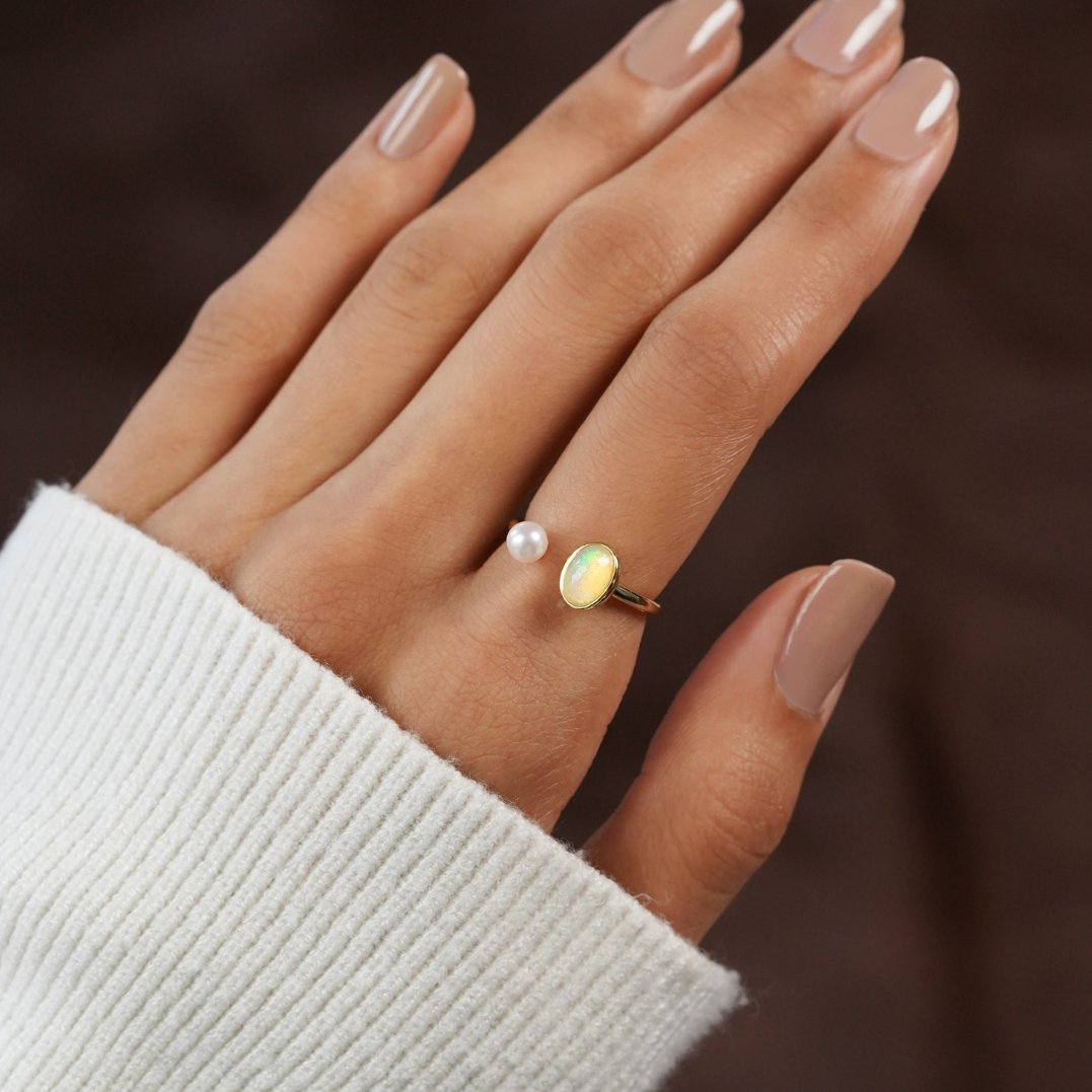 White Opal & Pearl Gold Ring - Beautiful Earth Boutique